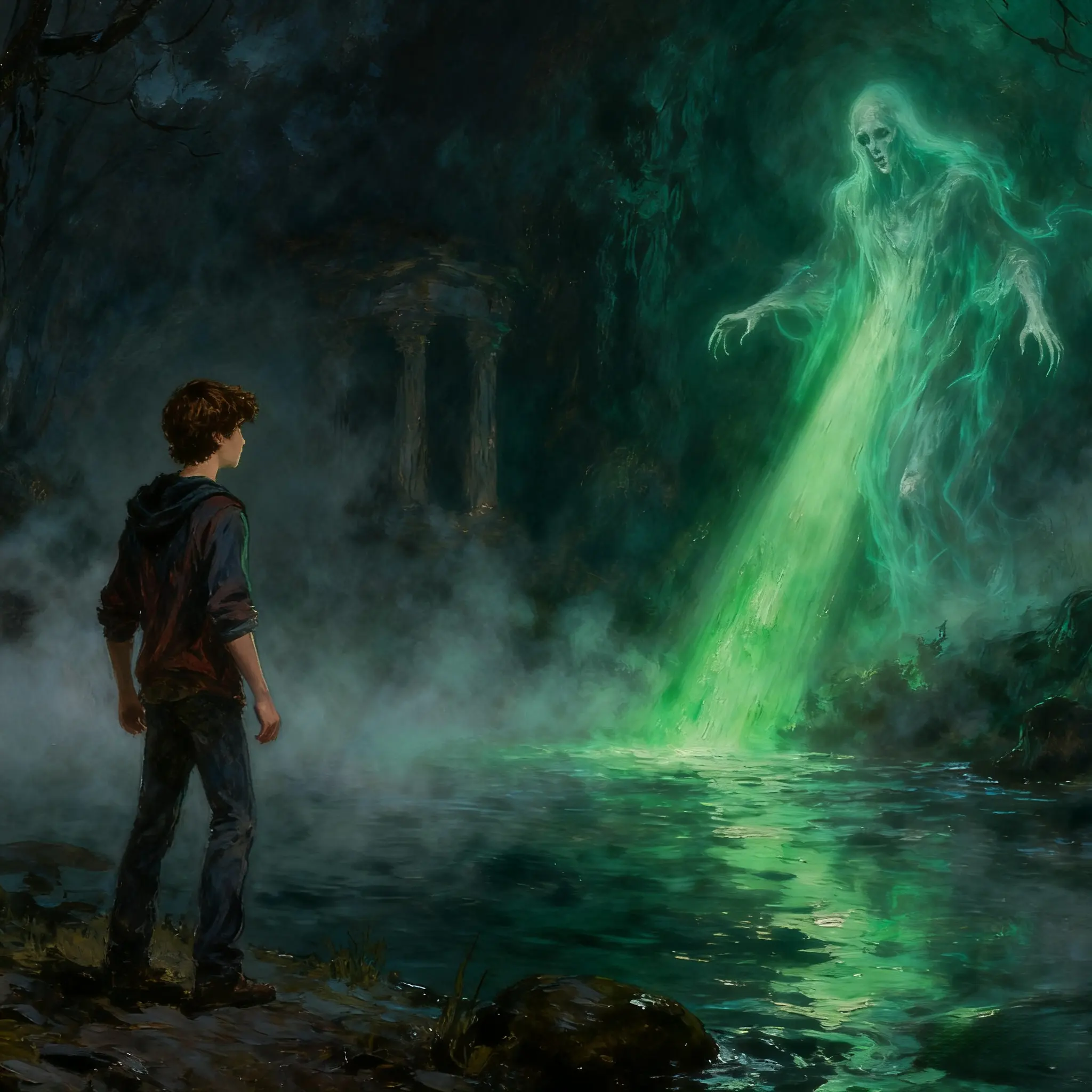 Percy standing alert River Styx watching phantom shapes fan art