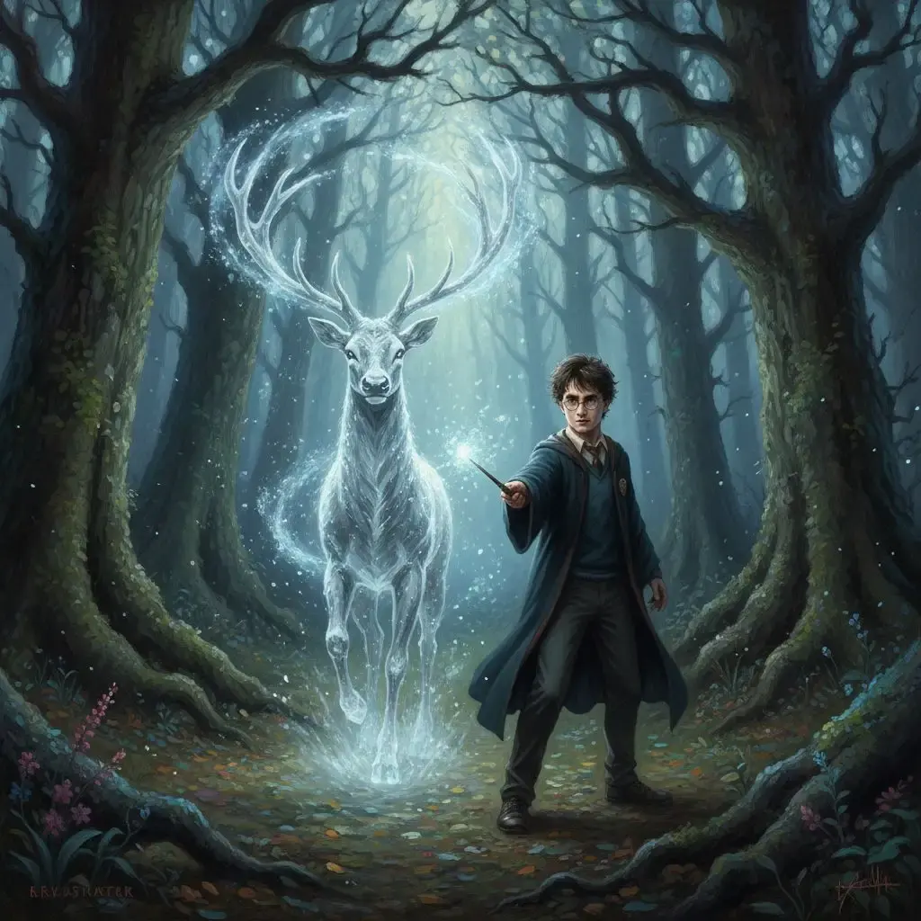 Harry Potter casting his stag Patronus in the Forbidden Forest.
