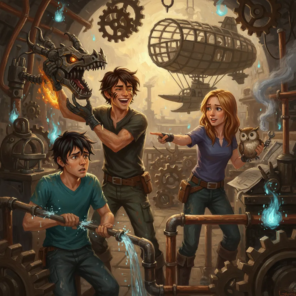Rendered in a detailed painterly style, Leo and two others are depicted in a chaotic, steampunk-inspired workshop.