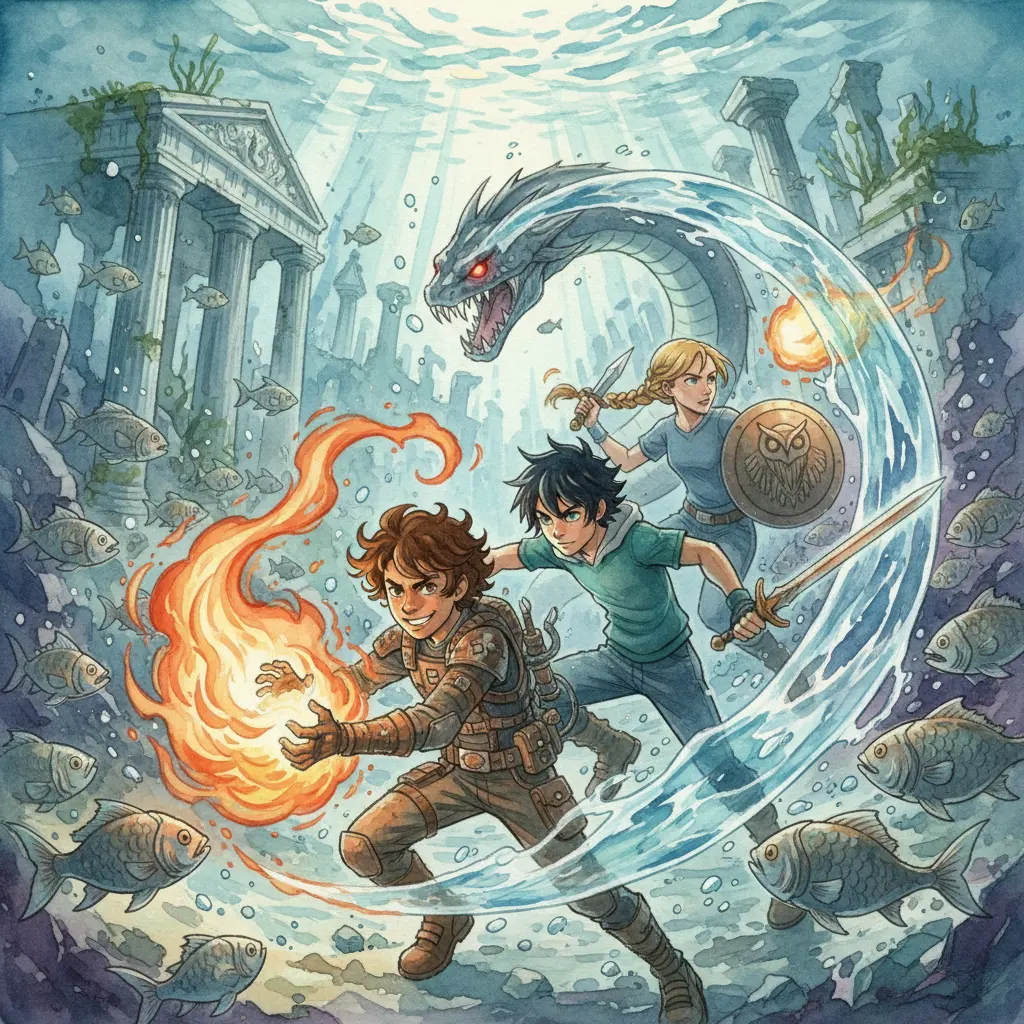 A dynamic watercolor scene of Leo Valdez, Percy Jackson, and Annabeth Chase battling an underwater sea monster.