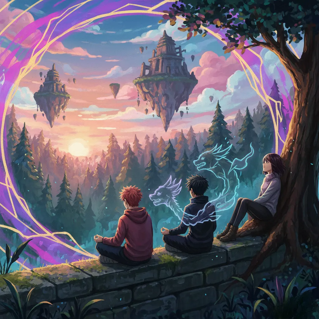 Three characters meditate by a tree, overlooking a mystical forest with floating islands, framed by a glowing purple ring.