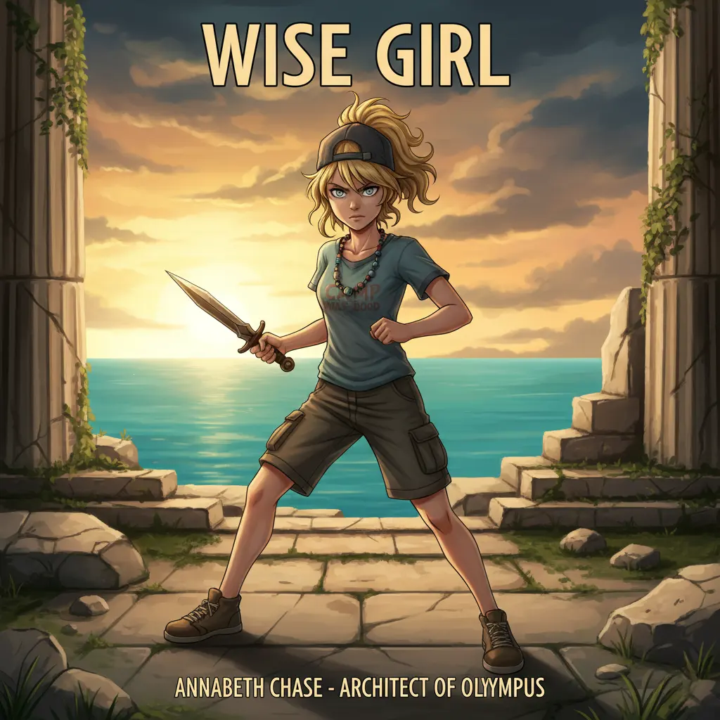 Annabeth Chase from the Percy Jackson series. She stands in a fighting stance with a dagger, wearing a Camp Half-Blood shirt, cargo shorts, and a baseball cap, set against a backdrop of ancient ruins and a sunset over the ocean.t
