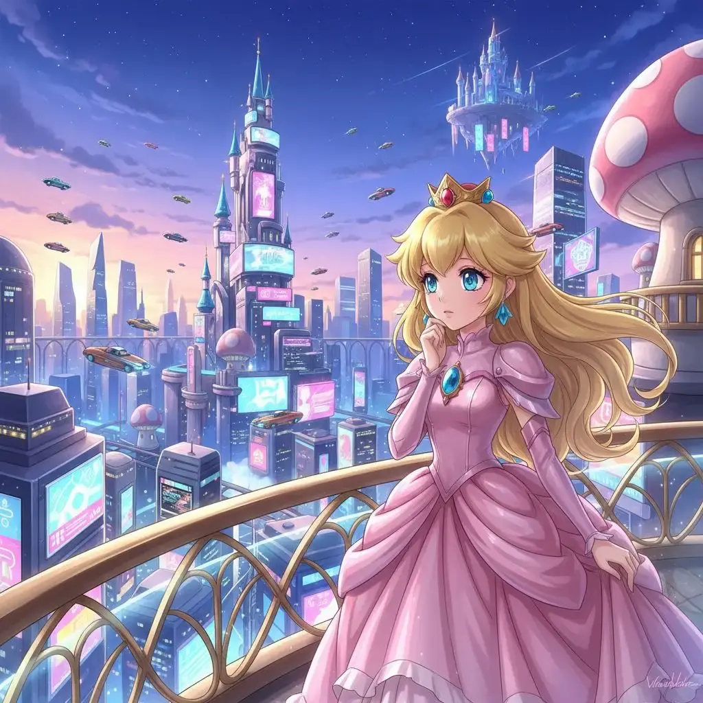 Anime-style Princess Peach looking at a futuristic city from a balcony.