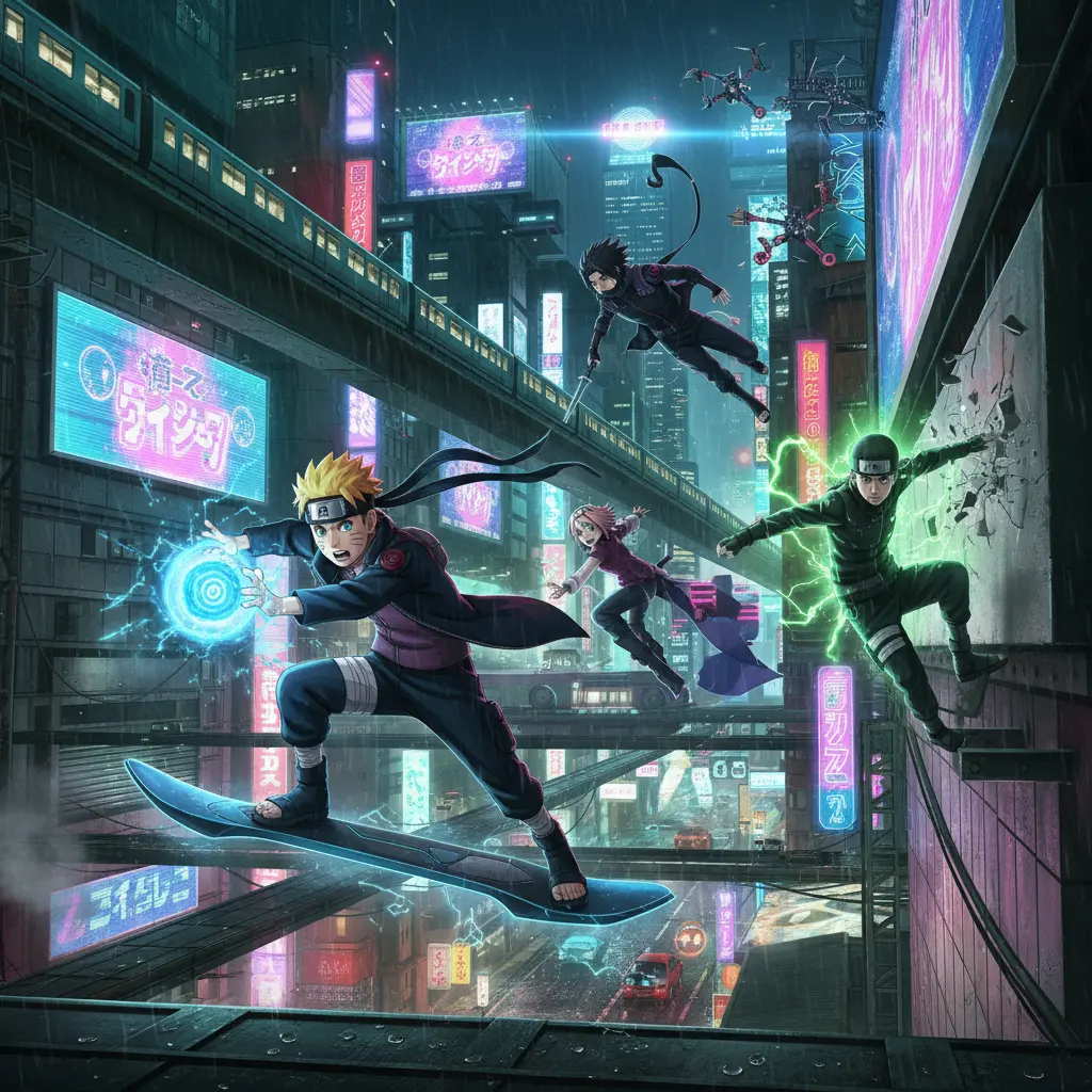 A dynamic cyberpunk-style artwork shows Naruto characters in a rainy, neon-lit city, with Naruto on a hoverboard and others mid-action.