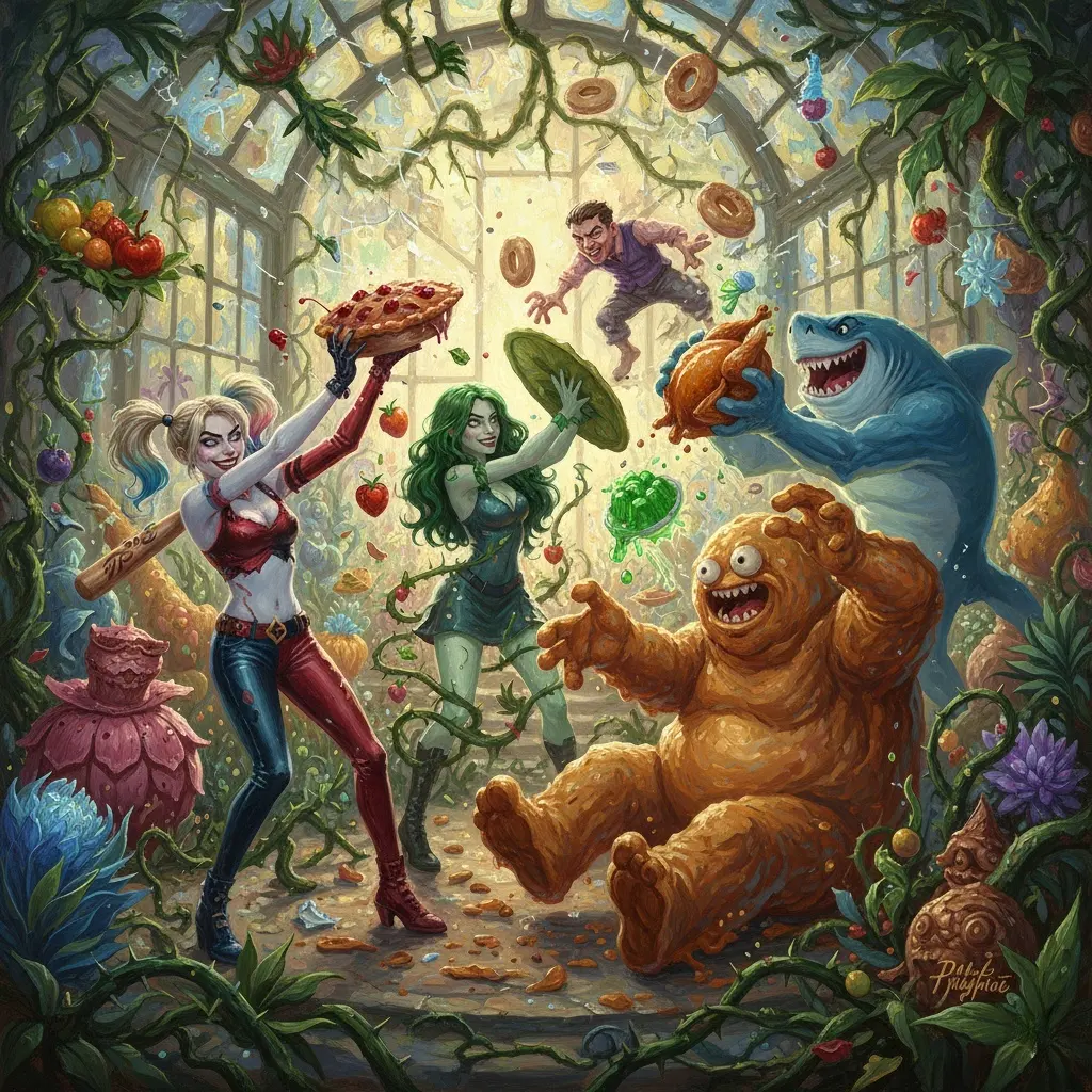 Harley Quinn, Poison Ivy, King Shark, Clayface, and Kite Man enjoying a chaotic feast within an overgrown greenhouse setting.