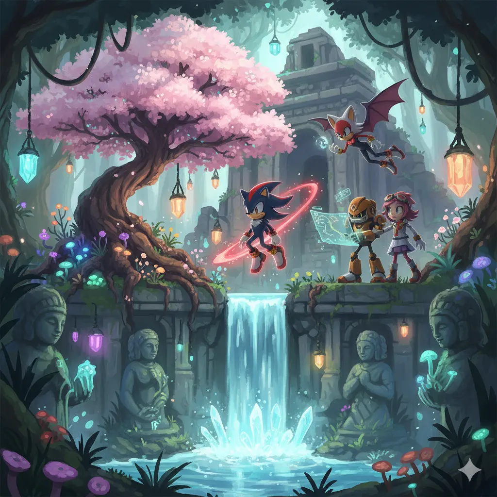 Shadow, Rouge, Omega, and Amy Rose explore a lush, mystical ruin with glowing crystals, cherry blossoms, and waterfalls in a fantasy art style.