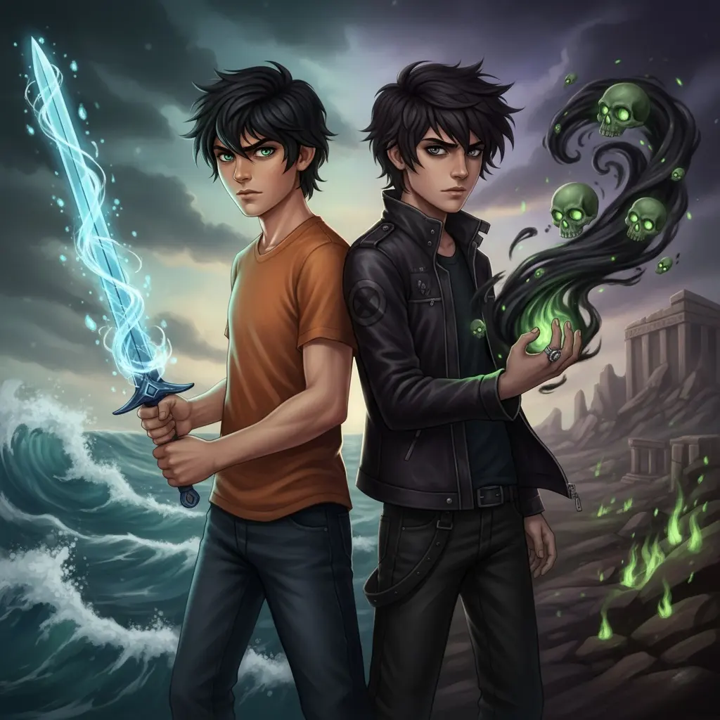 Percy Jackson and Nico di Angelo stand back-to-back in an anime-style digital painting. Percy, with a glowing blue sword, stands by crashing waves. Nico, summoning green skull magic, stands against a dark, ruined landscape.