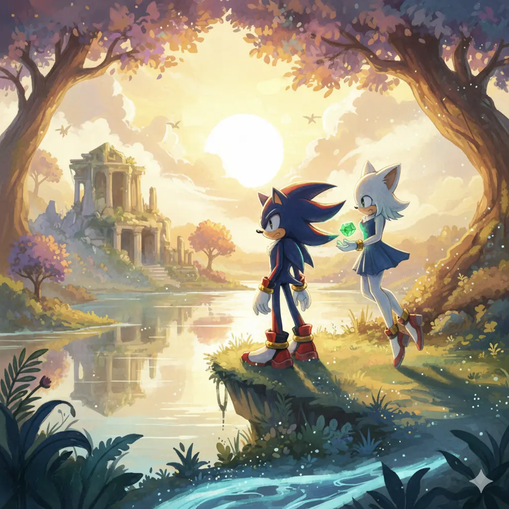 A whimsical artwork depicts Shadow and Rouge from Shadow the Hedgehog in a serene, painterly landscape, gazing at a reflective lake.