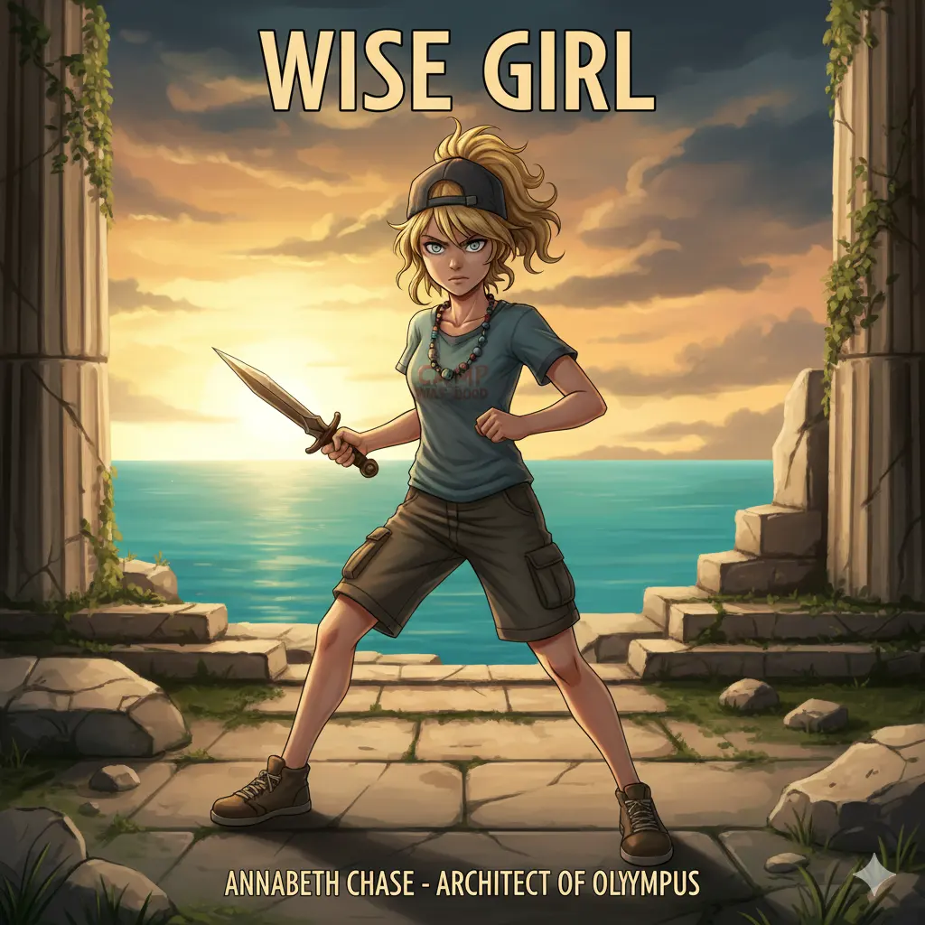 Annabeth Chase from the Percy Jackson series. She stands in a fighting stance with a dagger, wearing a Camp Half-Blood shirt, cargo shorts, and a baseball cap, set against a backdrop of ancient ruins and a sunset over the ocean.t