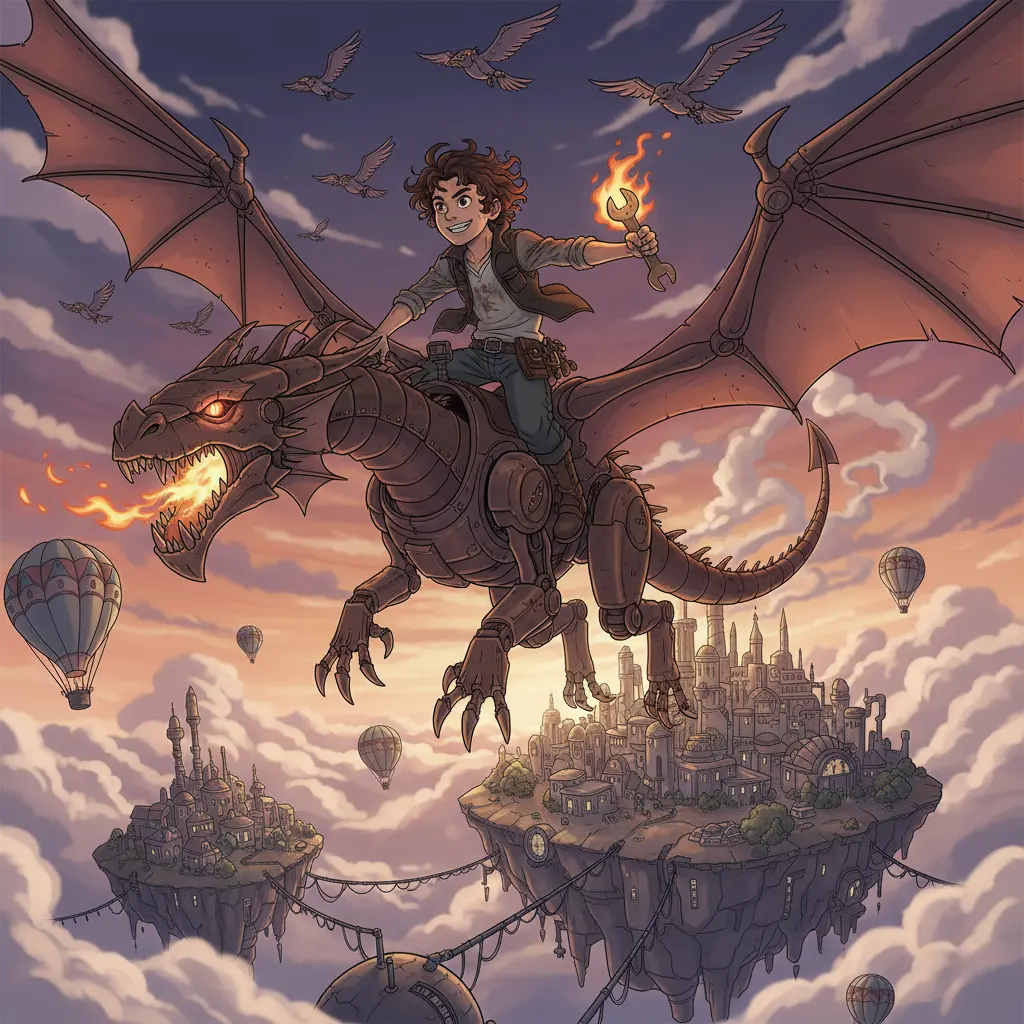  A whimsical, vibrant anime-style illustration of a smiling boy with curly brown hair riding a majestic mechanical dragon through a sky filled with floating islands.