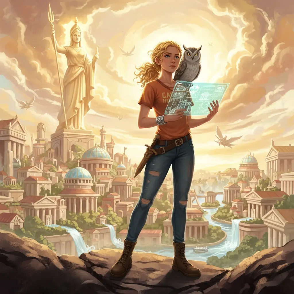 Annabeth Chase standing in front of greek style city,  with a dagger, wearing a Camp Half-Blood shirt