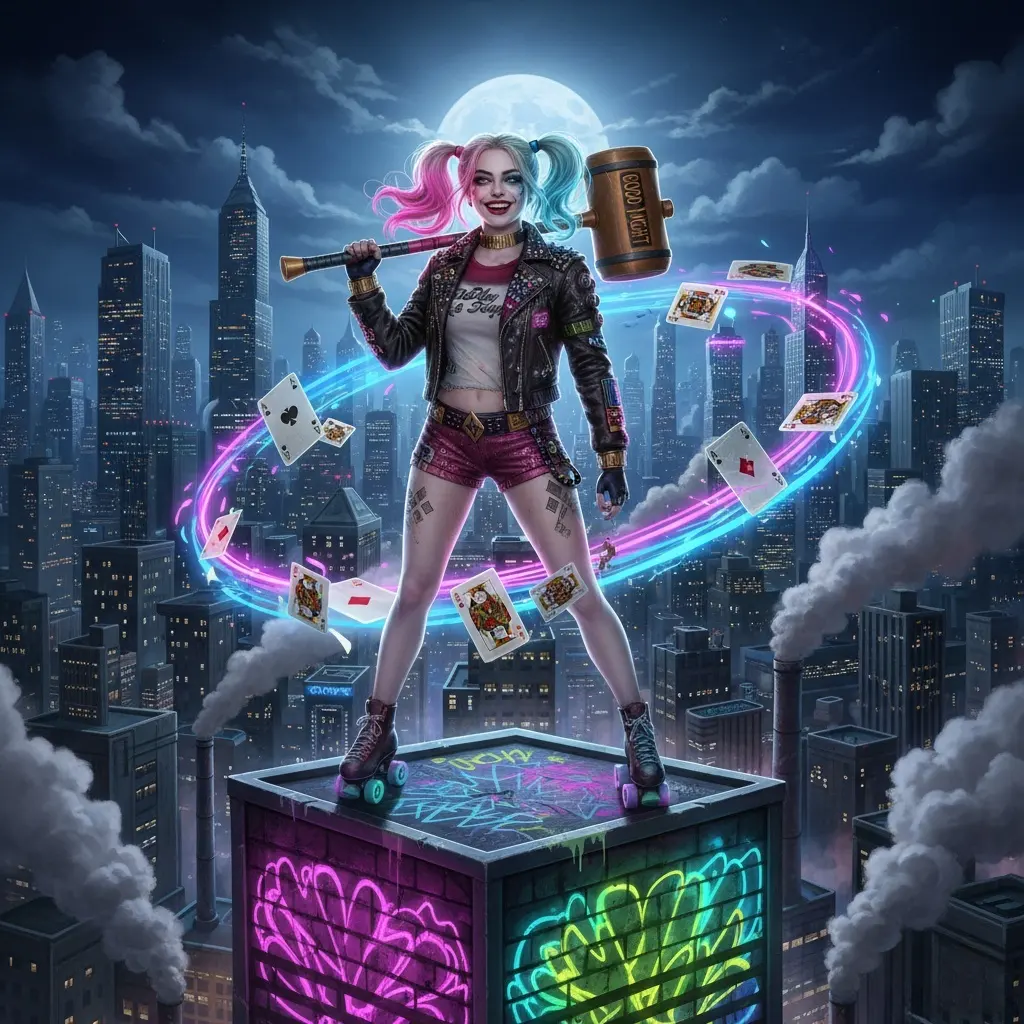 Harley Quinn on a rooftop at night, surrounded by neon lights, playing cards, and city views.