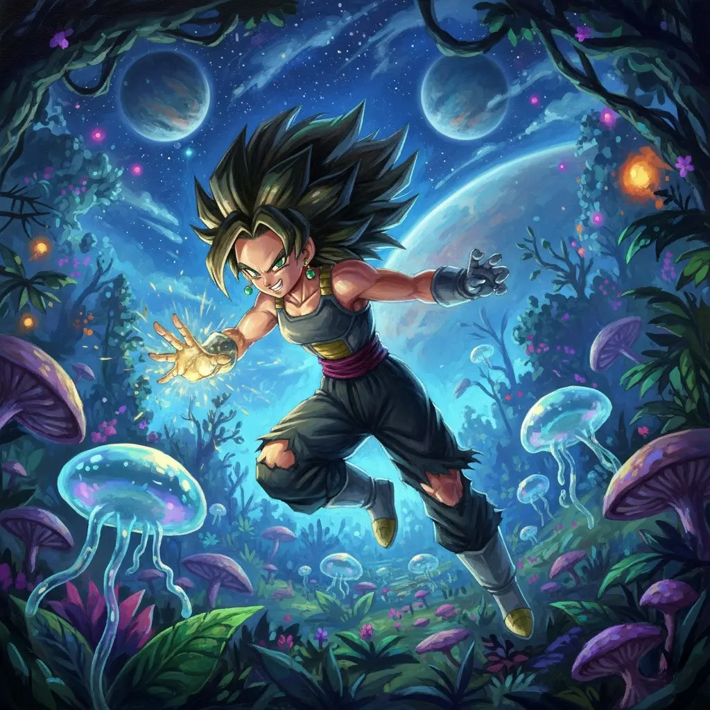 Fan art of Kefla from Dragon Ball, in a dynamic action pose within a fantastical, glowing forest under a starry sky.