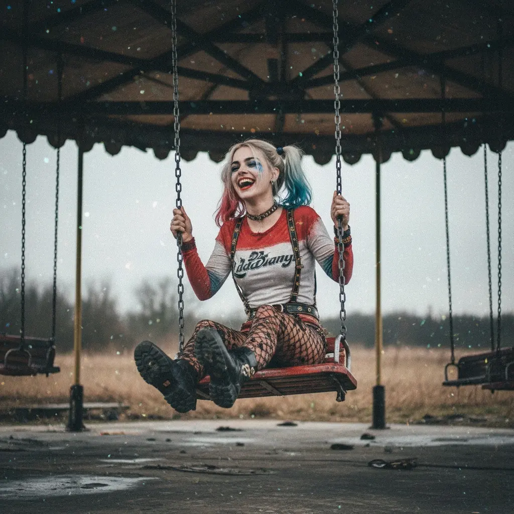 Harley Quinn sits on a rusty swing in an abandoned carnival, laughing wildly and tossing glitter into the air.