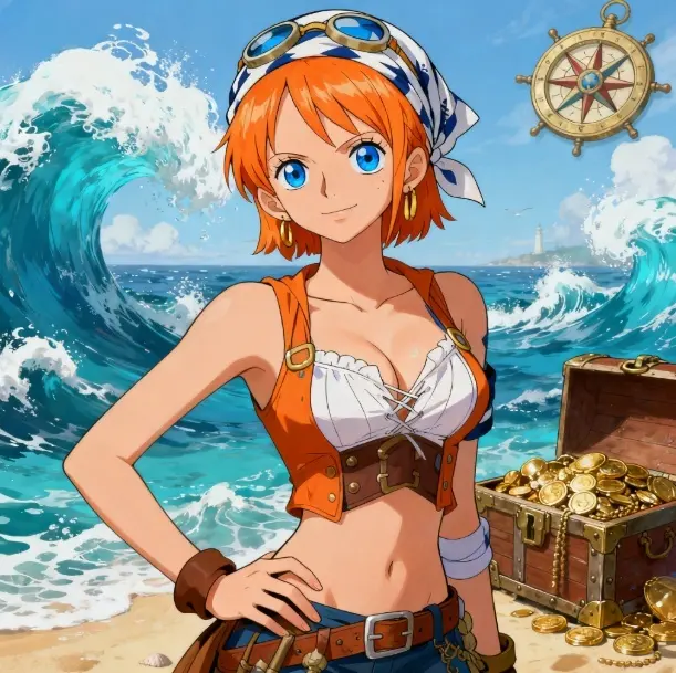Nami with orange short hair and blue eyes, wearing a striped tank top and a red headband, standing on a wooden treasure chest with ocean waves and a compass in the background, smiling confidently.