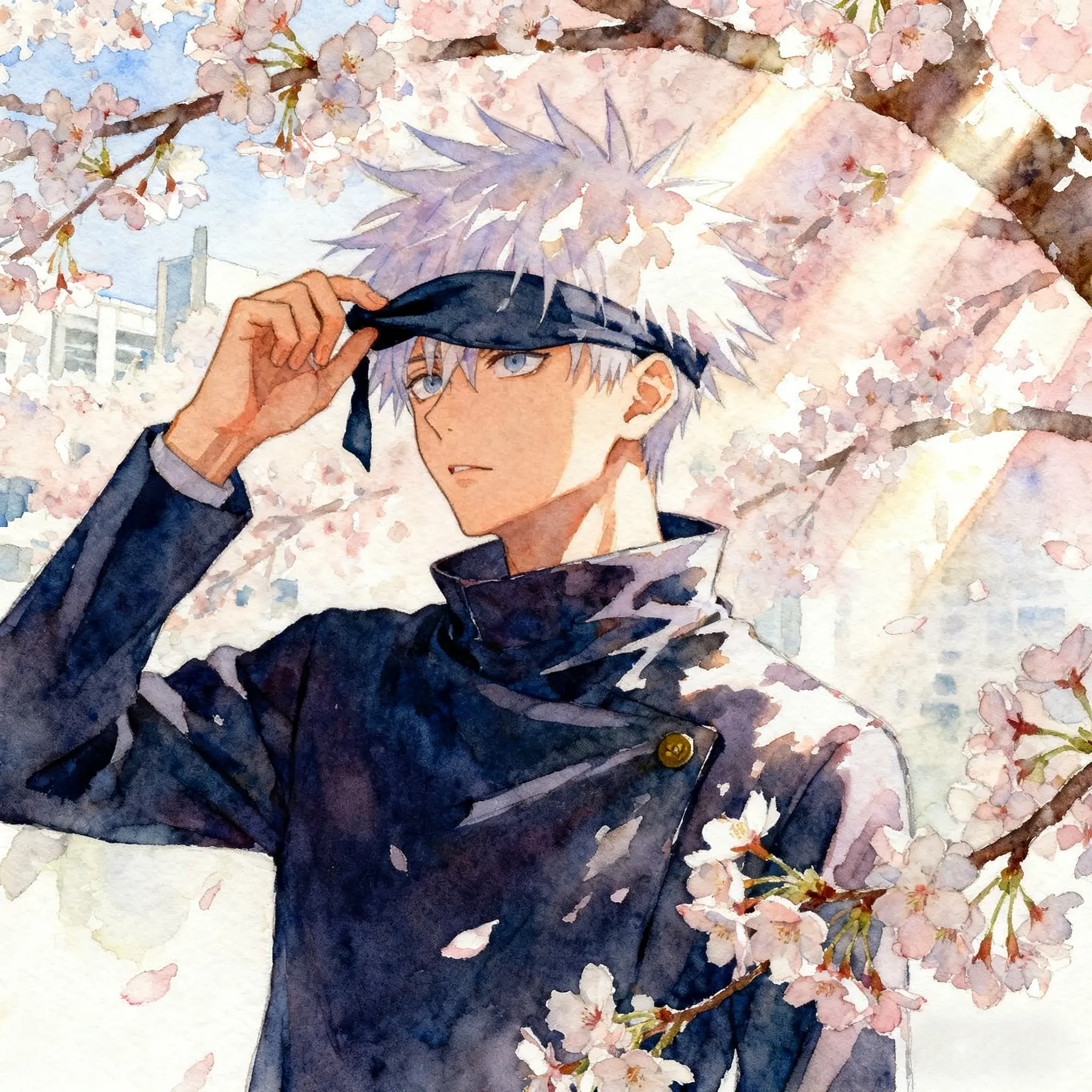Gojo Satoru removing his eyepatch under cherry blossoms in a serene watercolor fan art.