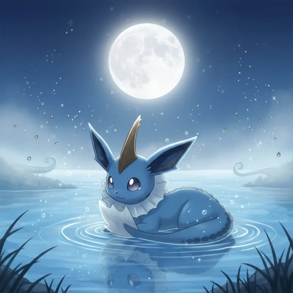 Vaporeon rests peacefully in a moonlit lake, surrounded by shimmering water, fireflies, and gentle mist.