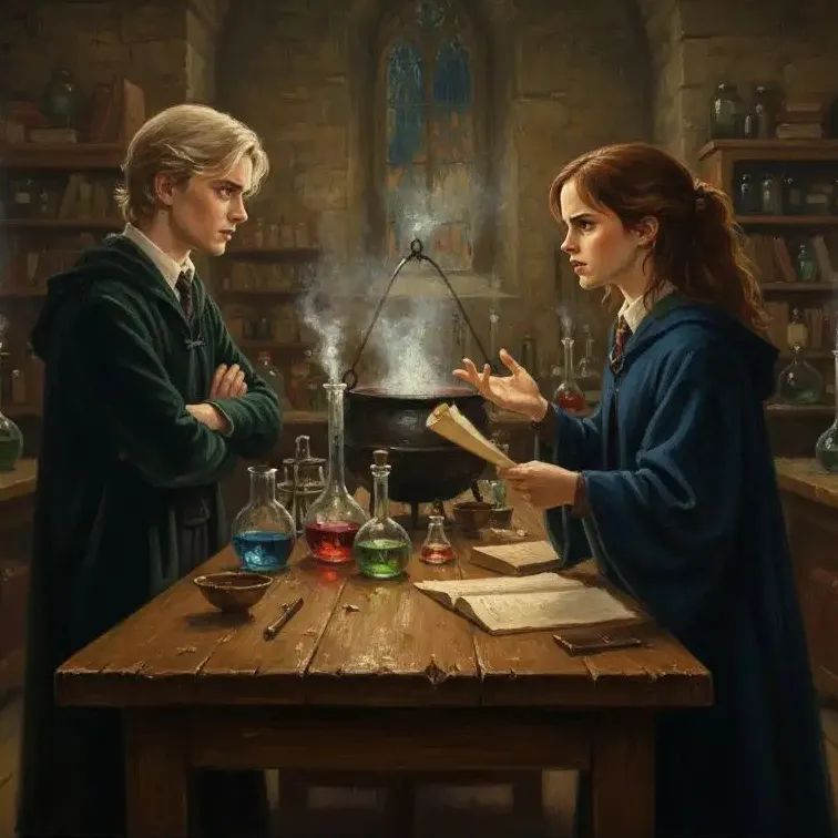 Draco and Hermione debating in a potions classroom with bubbling flasks.