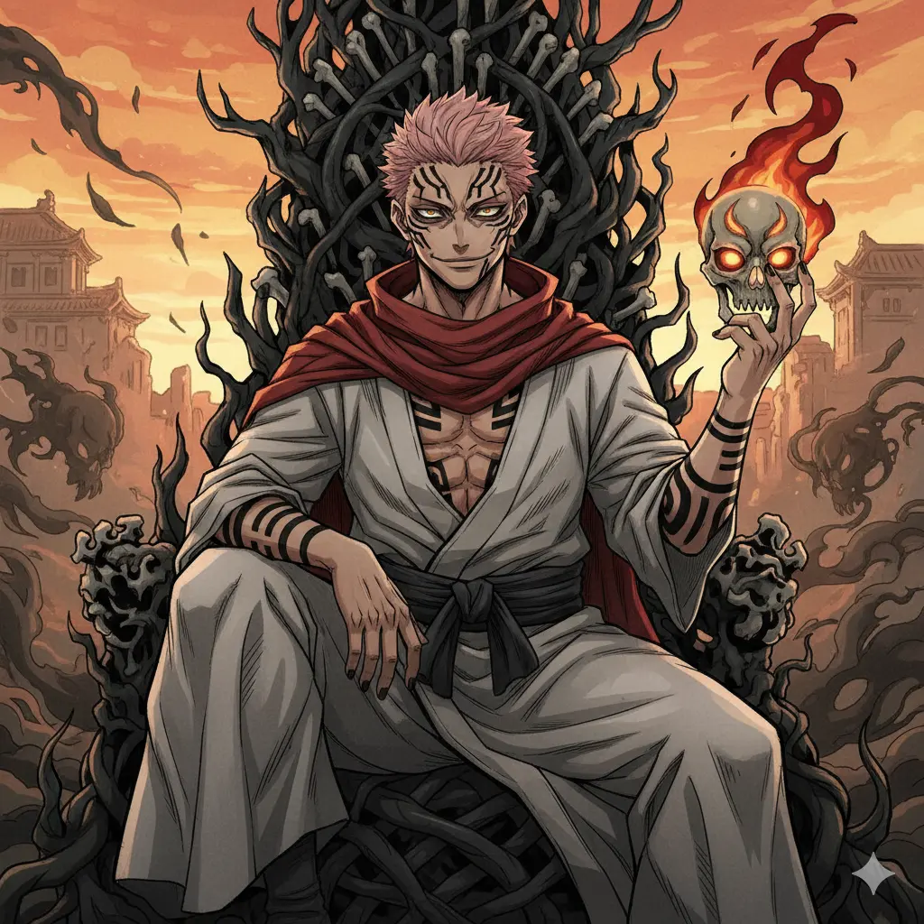 A menacing Sukuna sits on a throne made of bones, holding a flaming skull, with a ruined city and smoky sky in the background.