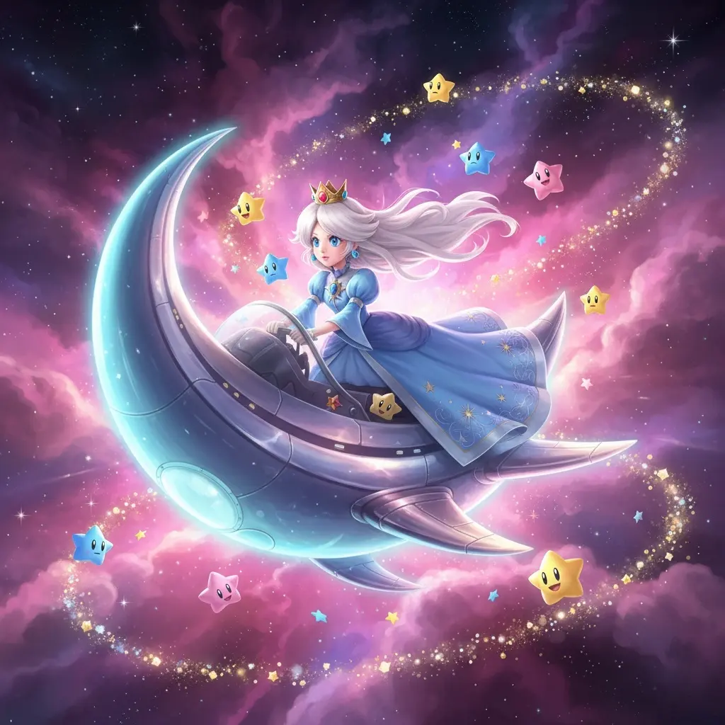 Rosalina pilots her starship through a vibrant nebula, Lumas trailing sparkles, in a cosmic journey.