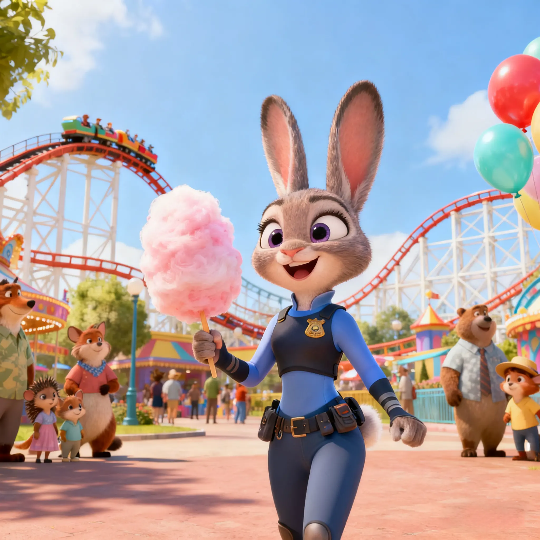 Judy holding cotton candy at amusement park.