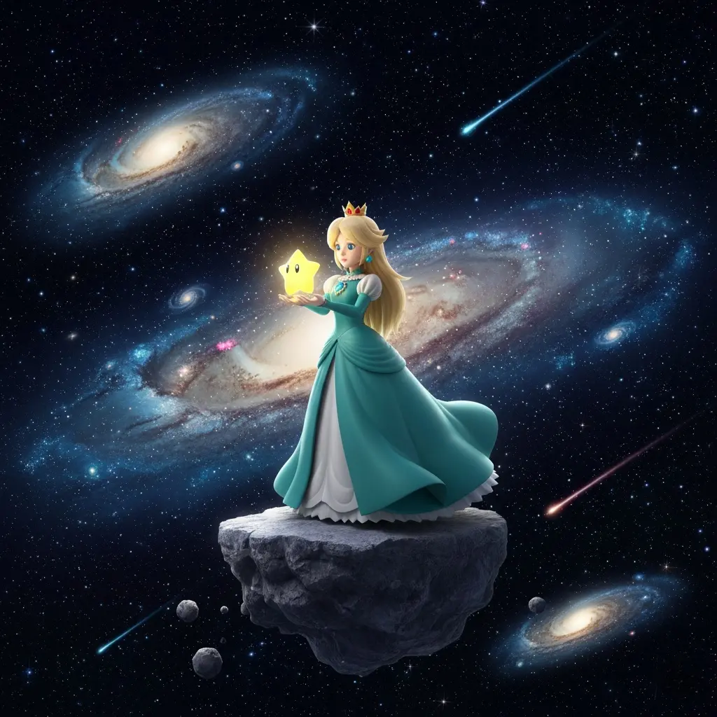 Rosalina stands on an asteroid, holding a Luma, surrounded by swirling galaxies and shooting stars.
