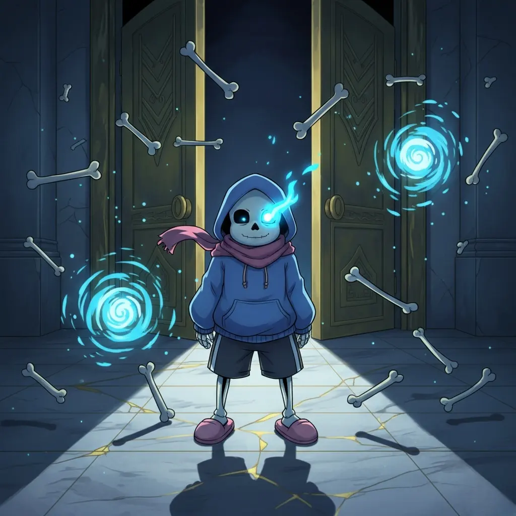 Sans stands in the Judgement Hall, surrounded by floating bones and blue attacks, one eye glowing