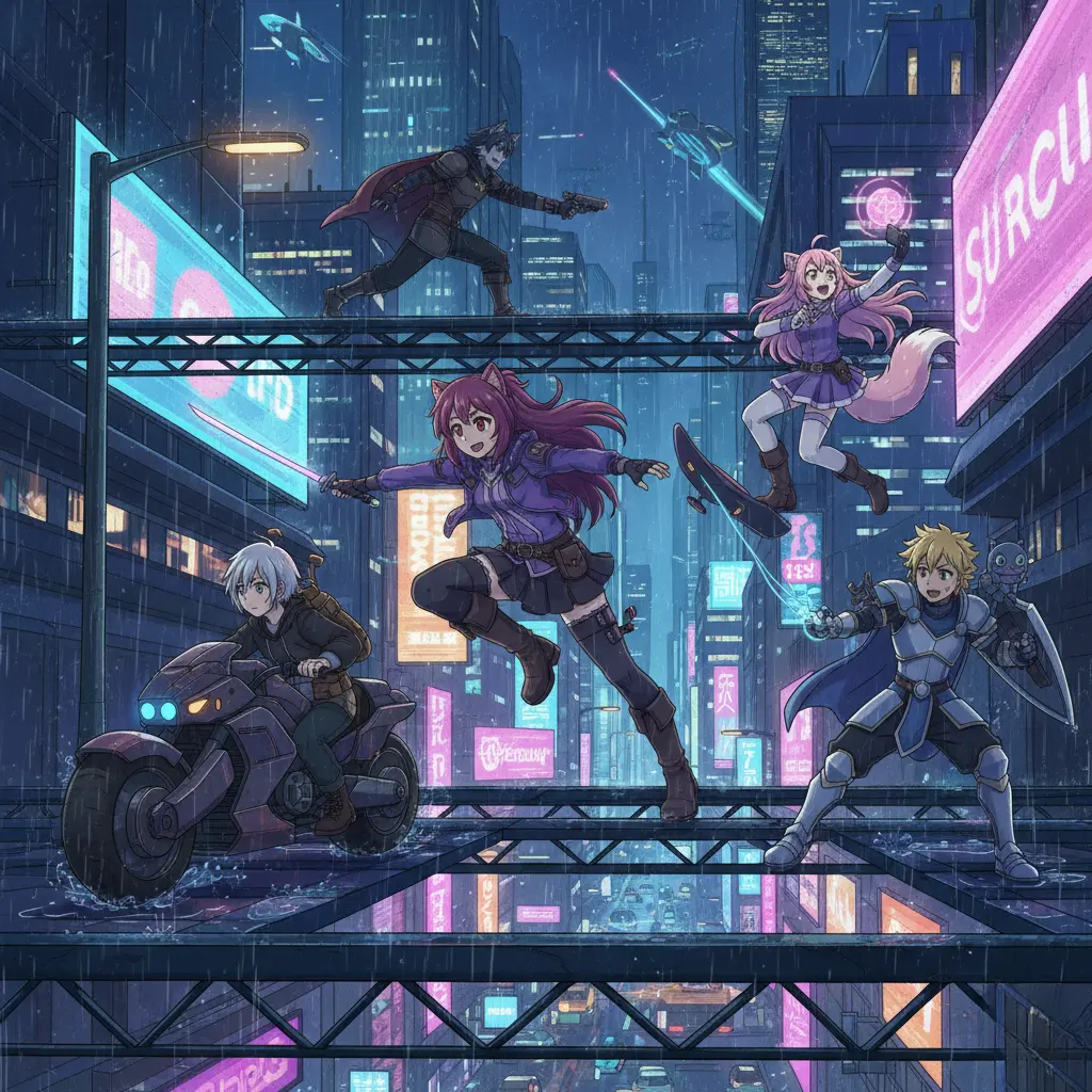 Dynamic cell-shaded image of a futuristic, cyberpunk city street at night in the rain, illuminated by neon lights.