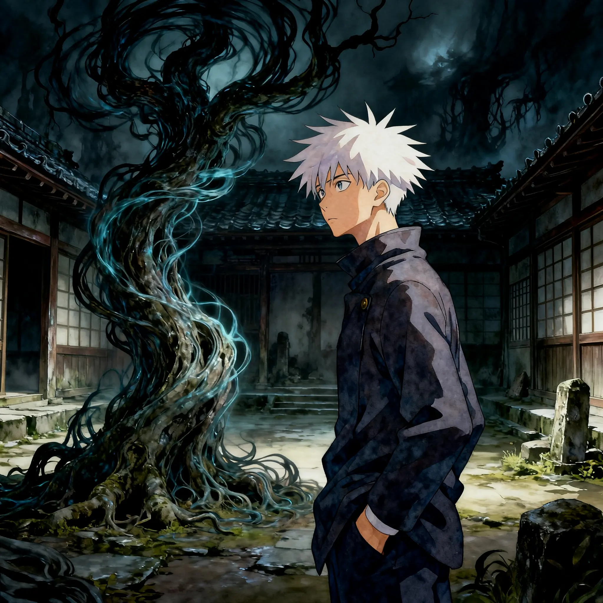 Gojo Satoru searching for a cursed object in a distorted tree within a spooky Japanese garden - Ghibli-style fan art.