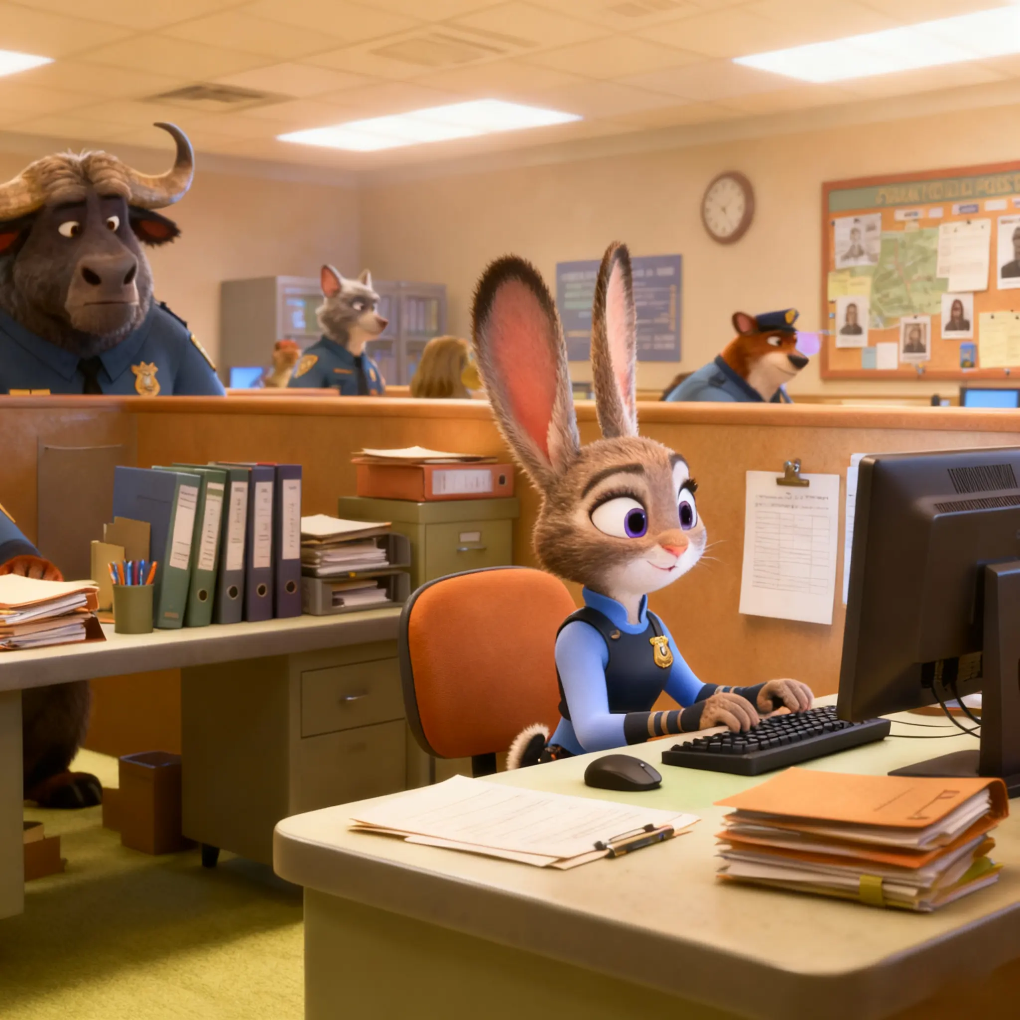 Judy Hopps and other animal officers work in Zootopia police station office.