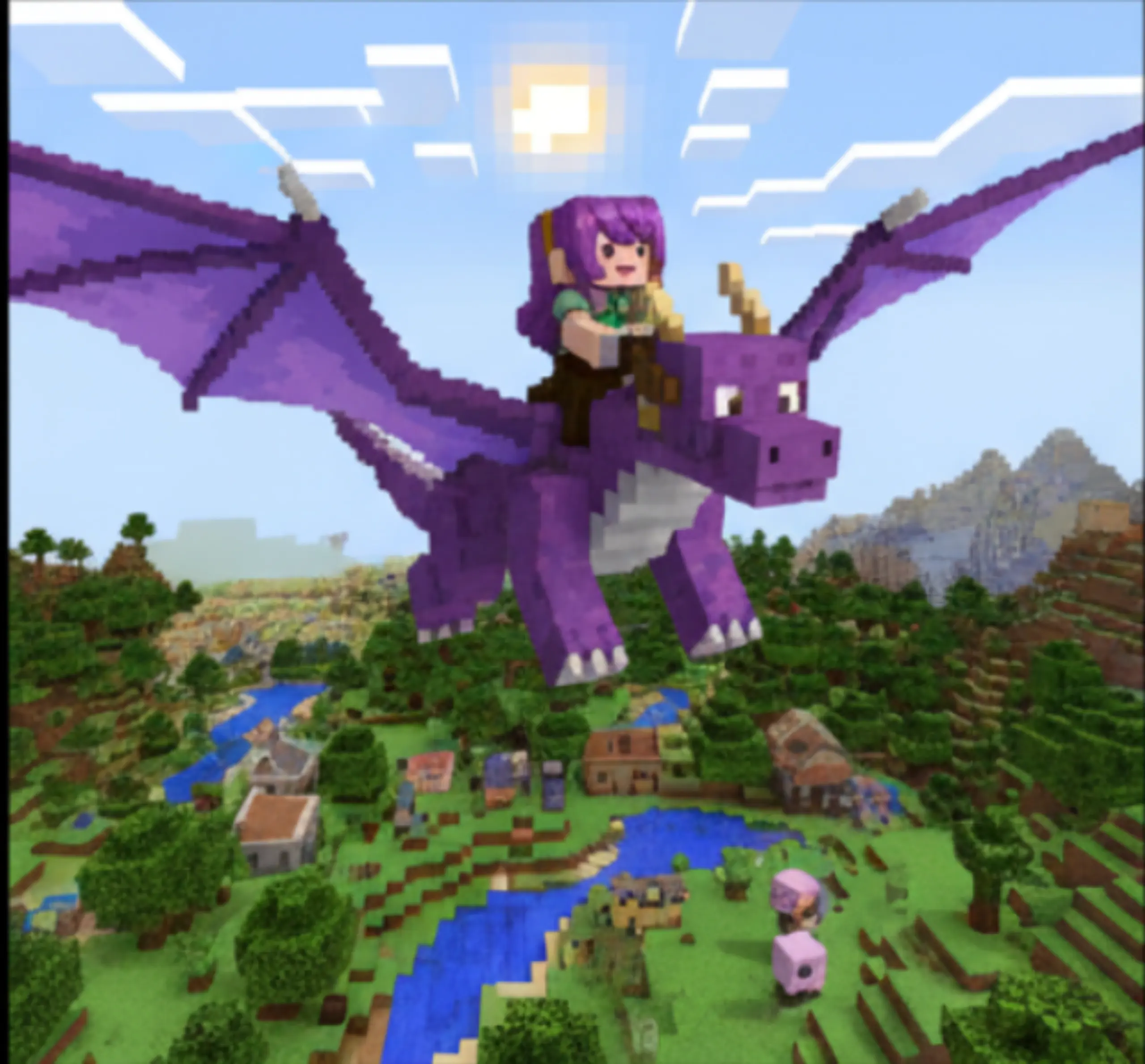 Aphmau Dragon Rider: Pixelated Aphmau riding a purple dragon over a vibrant Minecraft village and rivers.