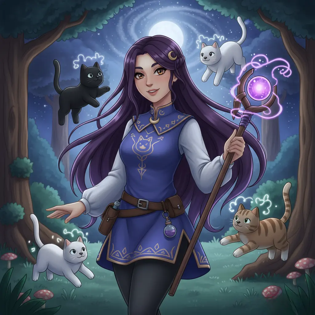 Aphmau fan art: Aphmau in a magical, moonlit forest, surrounded by several glowing cats.