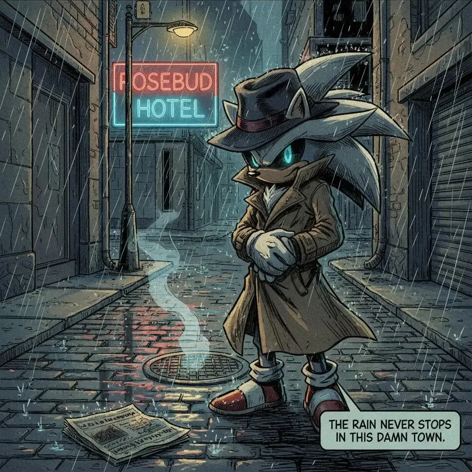 Silver the Hedgehog as a detective in a noir alleyway, comic art.