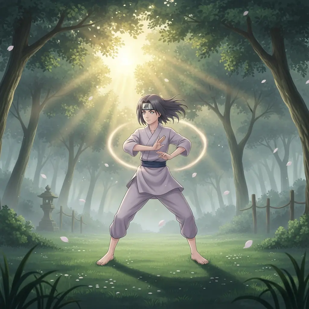 A calm Hinata practices Gentle Fist in a misty forest at dawn, cherry blossoms falling.