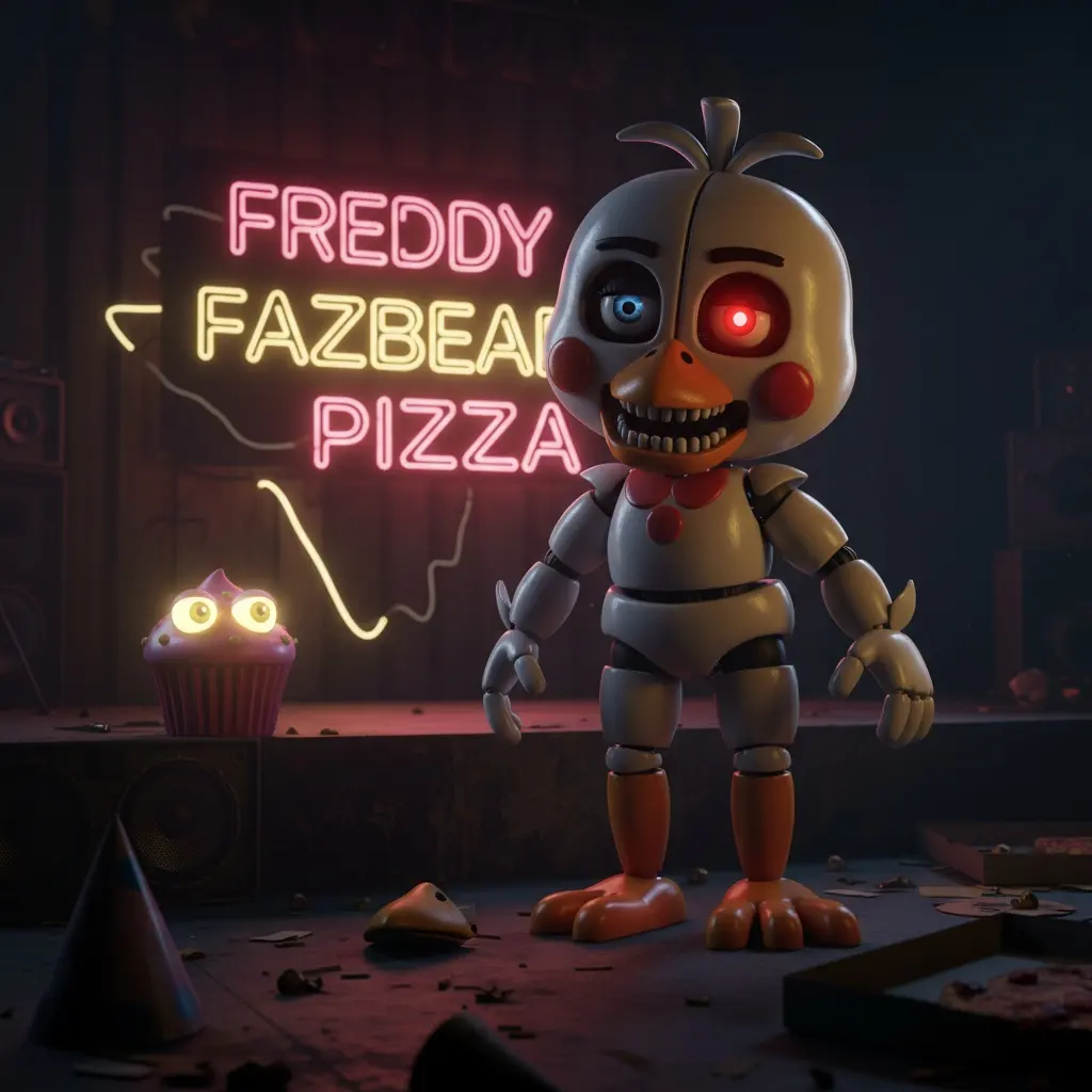 A toy animatronic chicken(Toy Chica)with glowing red eyes and a detached beak stands on a dark stage.