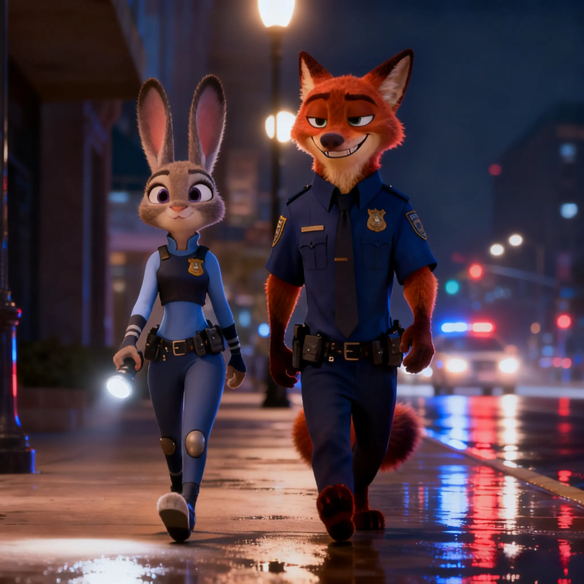 Judy Hopps and Nick Wilde, Zootopia police officers, walk on a rainy night street.