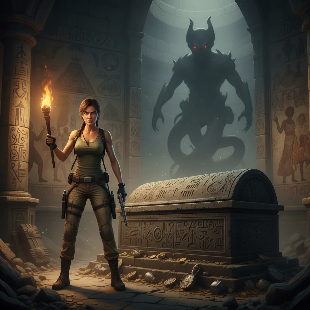 Lara Croft in a dimly lit tomb, holding a torch and a gun, with a shadowy demon behind her.