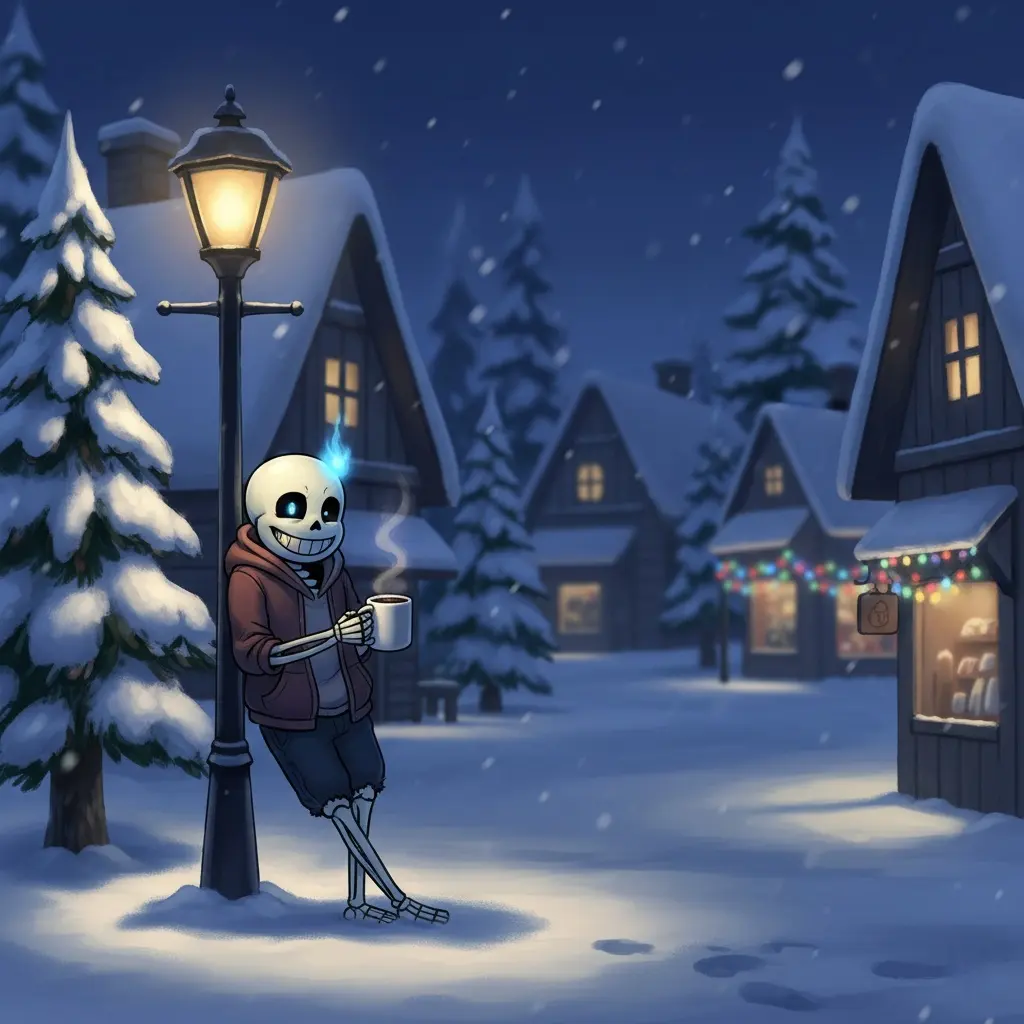 Sans leans against a lamppost on a snowy Snowdin street, holding hot chocolate, eye glowing.