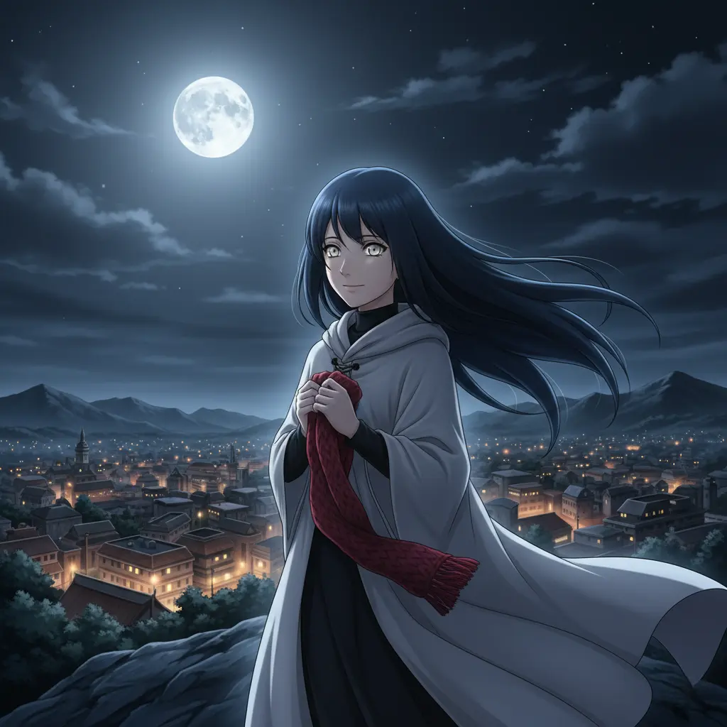 A serene Hinata, with a white cloak and flowing hair, gazes at a moonlit village, clutching a red scarf.