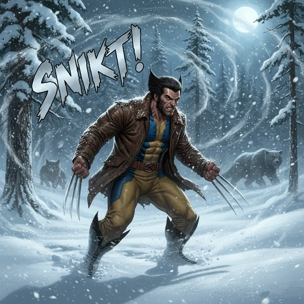 Wolverine stands in snowy forest, claws extended, facing approaching predators under moonlight.