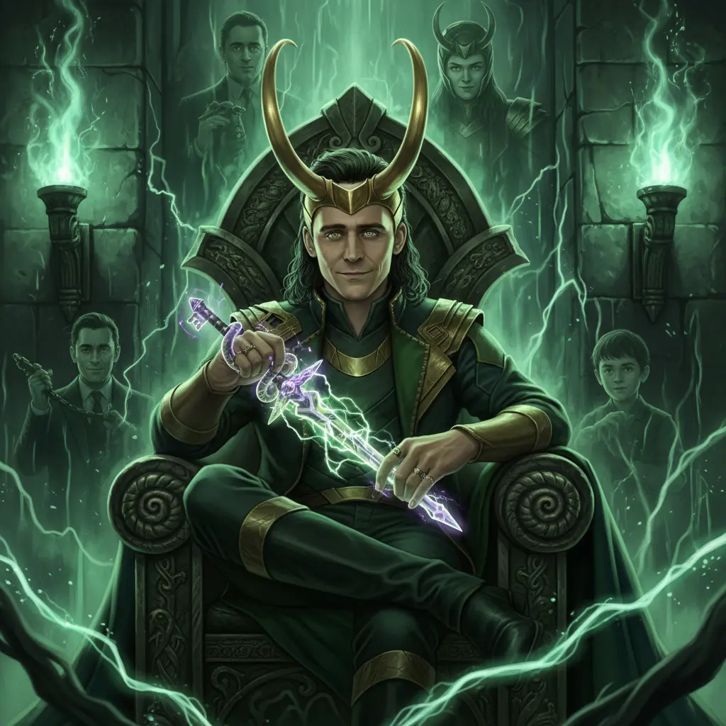 Loki on an ornate throne, surrounded by green light and glimpses of his variants, twirling a magic dagger.