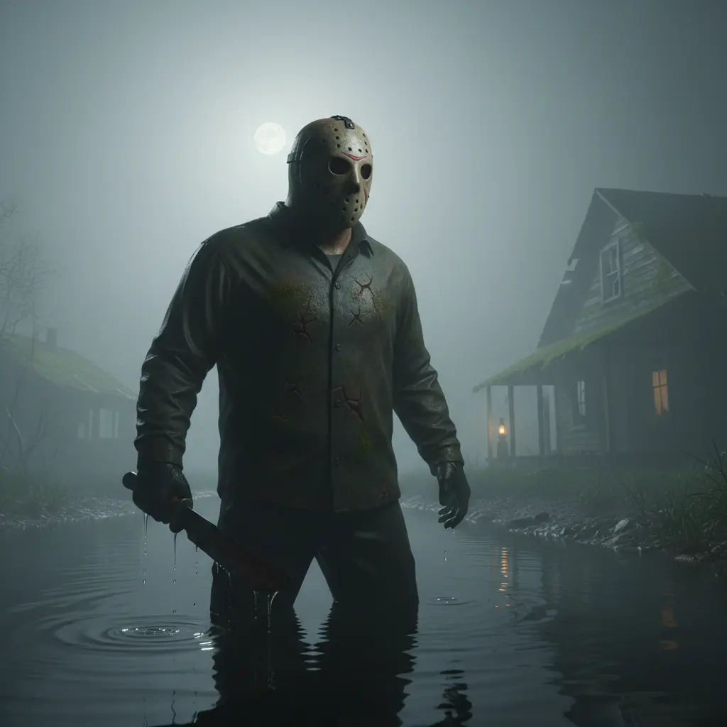 A foggy night at Camp Crystal Lake. Jason Voorhees stands half-submerged in the lake with his machete.