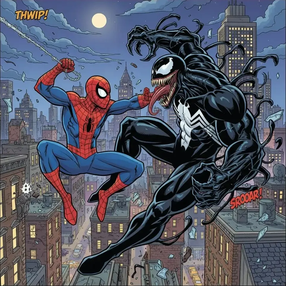 Spider-Man and Venom fan art, dynamic confrontation in NYC.