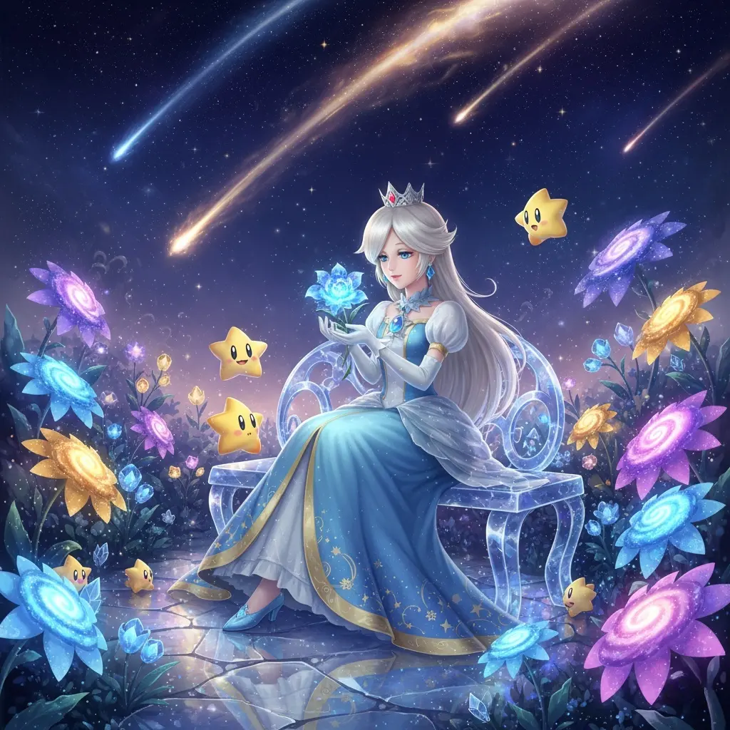 Rosalina in a celestial garden, with Lumas, glowing flowers, a crystal bench, and meteor shower.