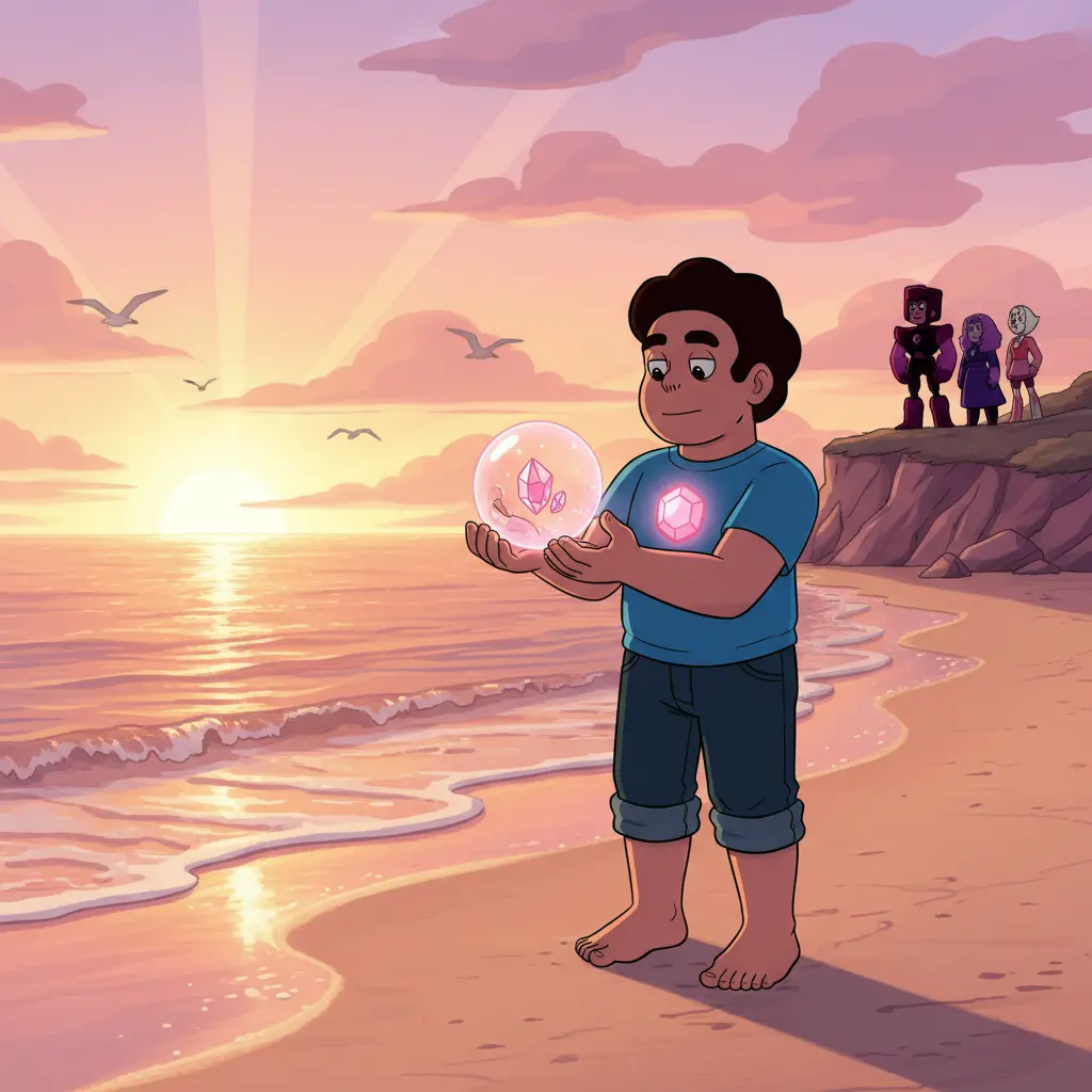 Steven stands on a beach at sunset, holding a pink bubble, with the Crystal Gems watching from a cliff.