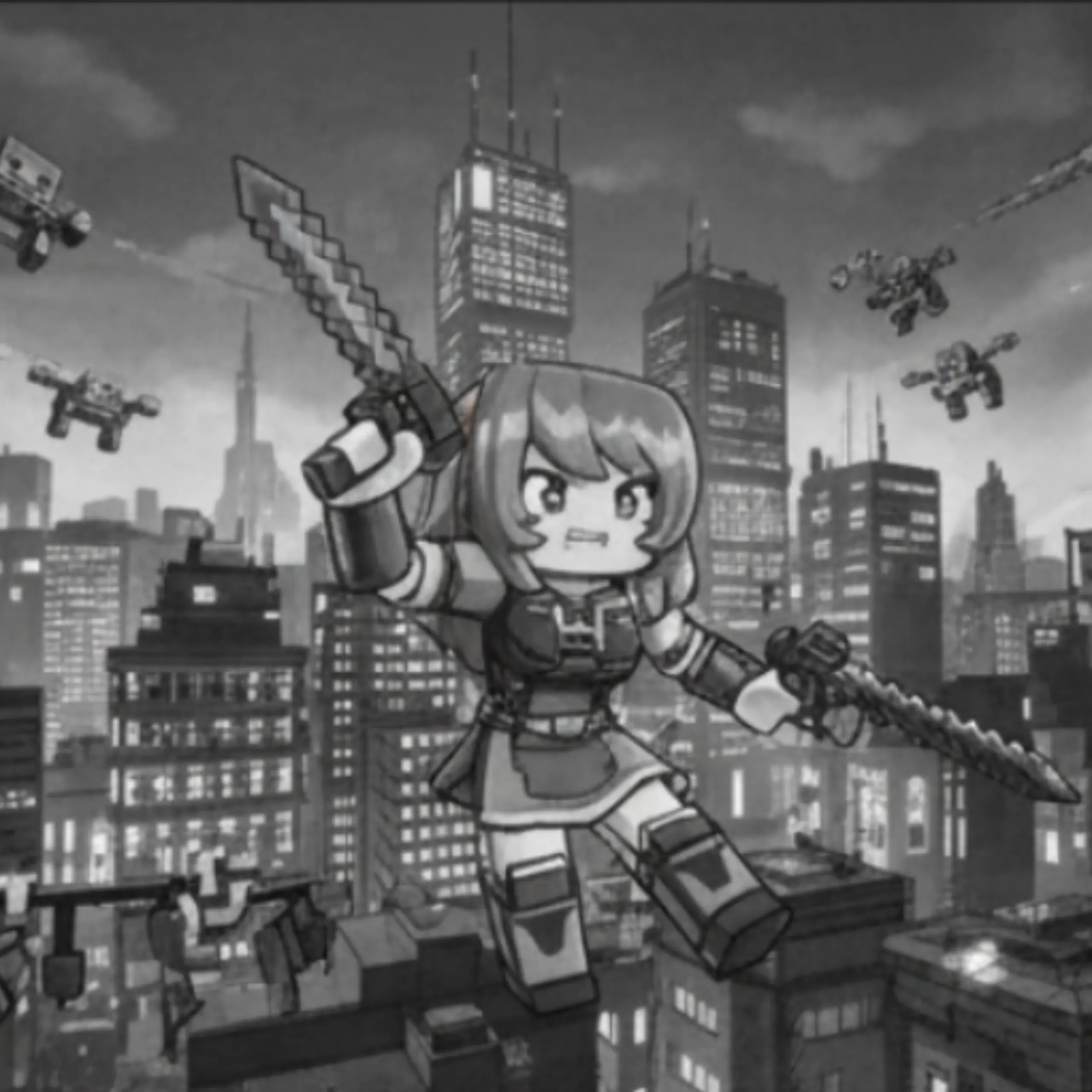 Blocky Aphmau holding two swords on a grayscale city rooftop, with drones flying.
