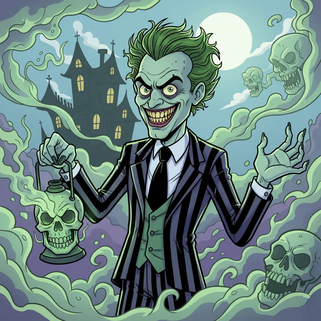 A vibrant digital illustration depicting a stylized Beetlejuice with green hair and a pinstripe suit.