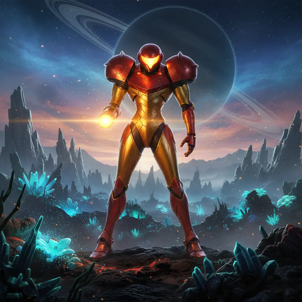 Samus Aran stands in her Varia Suit on an alien world, glowing orb in hand, with a ringed planet in the sky.