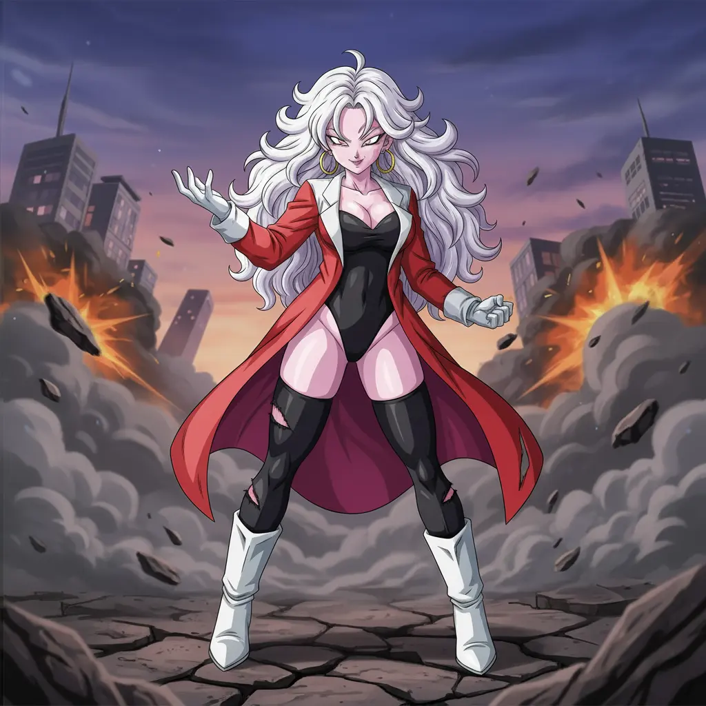 Android 21 stands amidst a ruined city, charging a pink energy sphere.