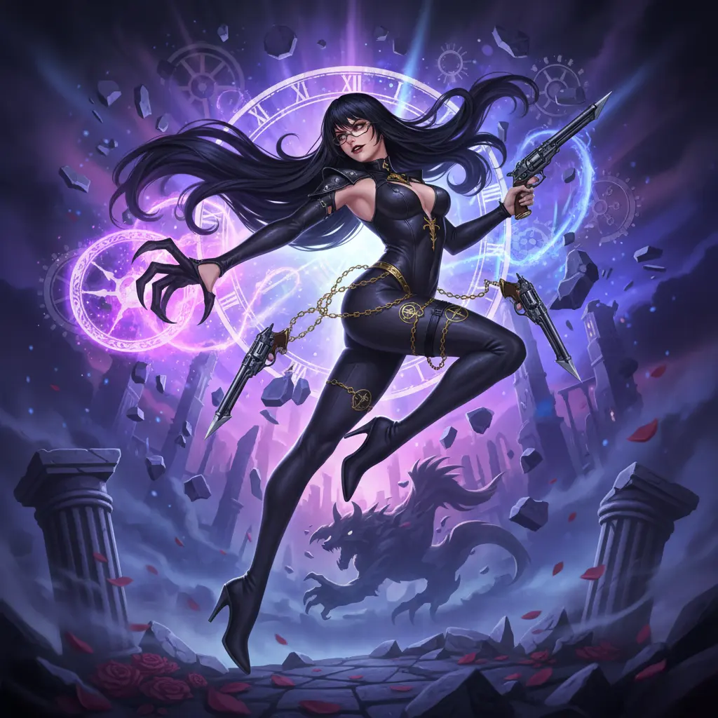 A powerful Bayonetta poses dynamically amidst a mystical, ruined cityscape with glowing magical clockwork elements and a shadowy beast.